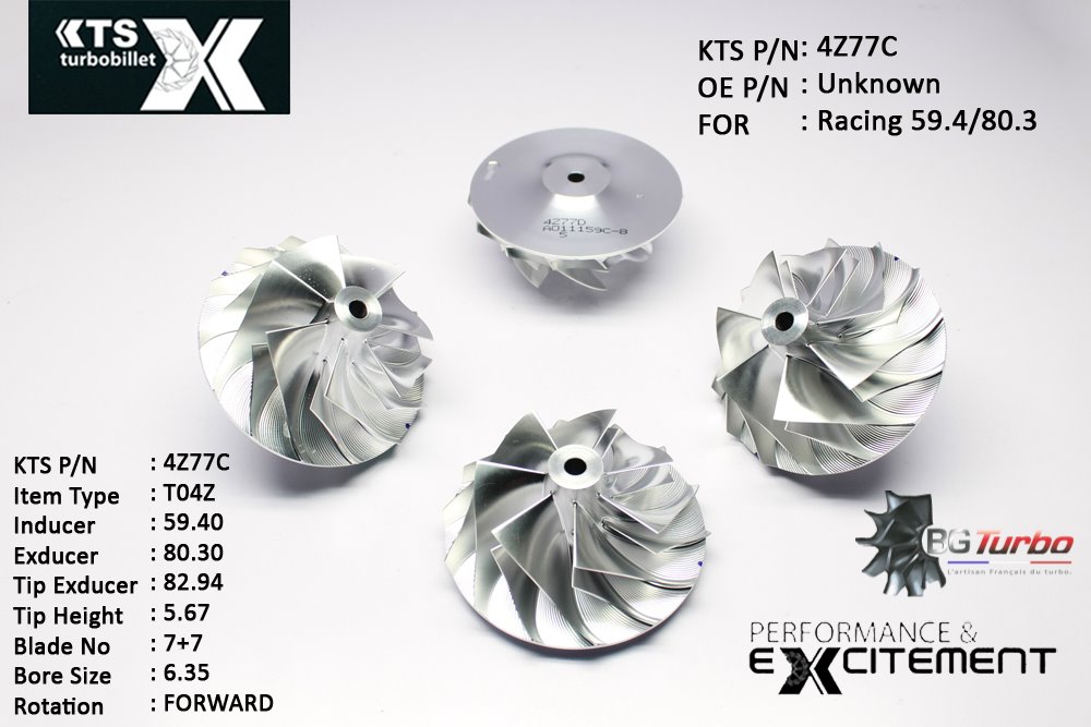 Turbo ROUE FORGÉE MFS PERFORMANCE - 7+7 PALES - INDUCER : 59,4 - EXDUCER : 80,3 - TYPE : T04ZANGLE : 75-90° - ROTATION : Forward - SUPER BACK : 4,75 - BORE SIZE : 6,35

